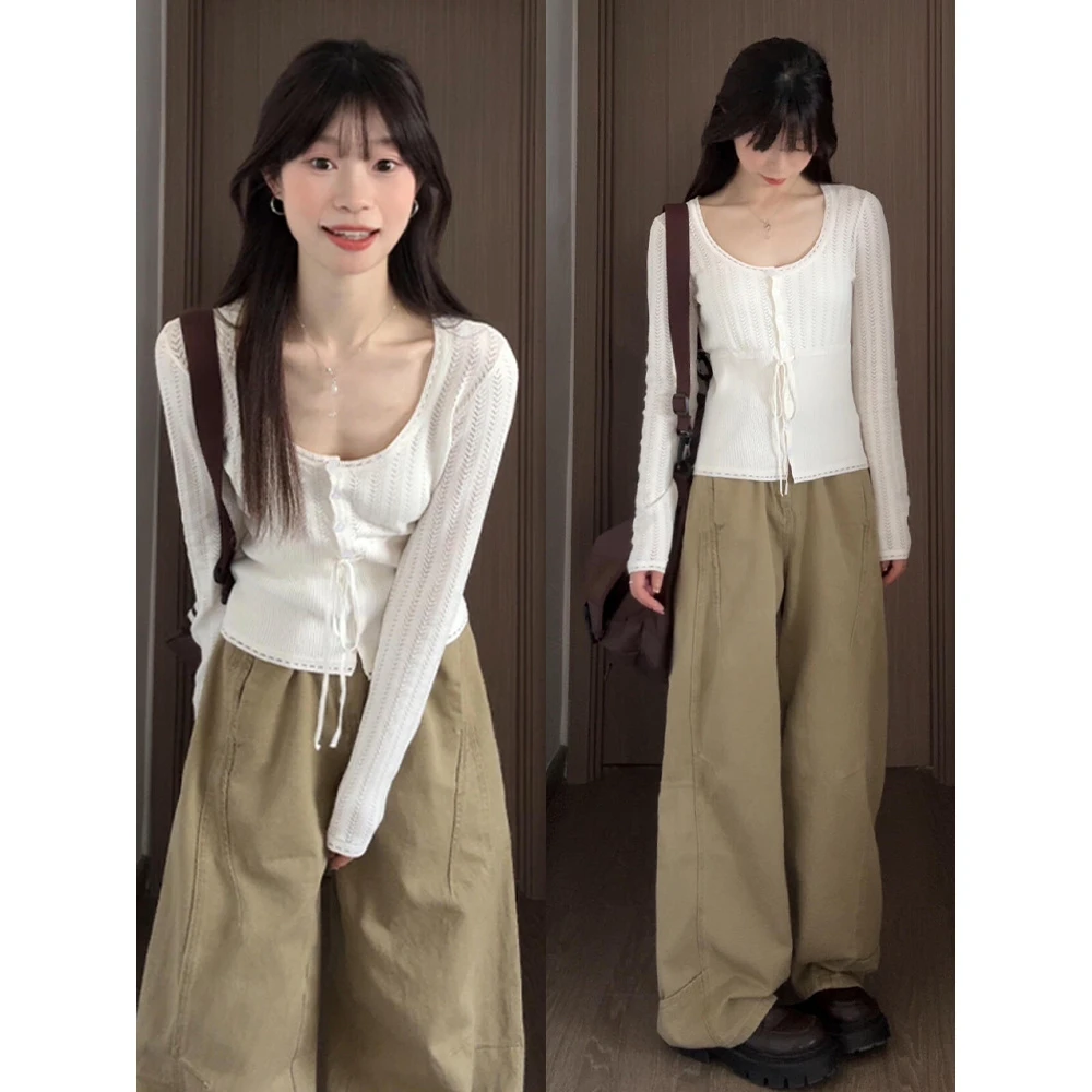 法式慵懒松弛感u领镂空长袖针织衫女秋季纯欲小香风内搭打底上衣