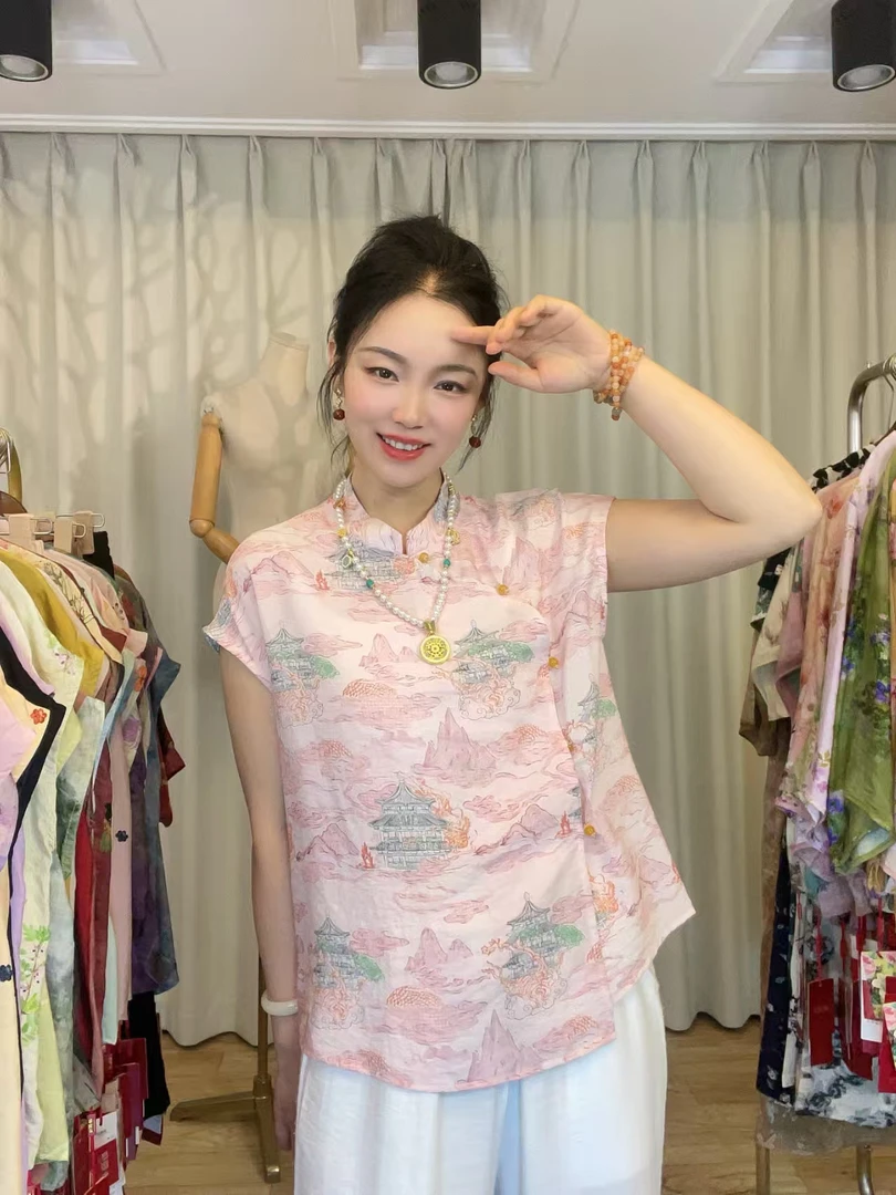 1国风气质短袖t恤上衣女2025年夏季新款宽松复古印花洋气百搭小衫