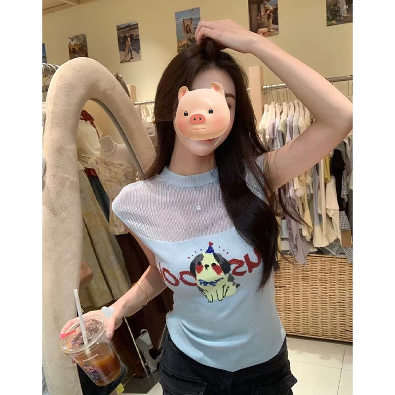 蓝色圆领网纱拼接冰丝针织背心女夏外穿纯欲辣妹修身短款微透上衣