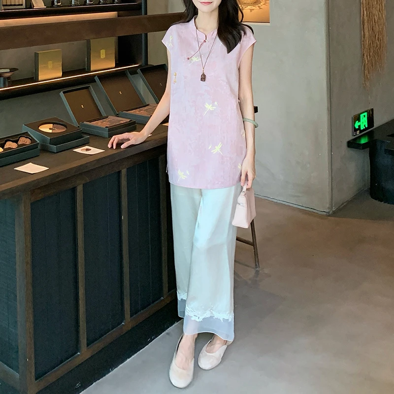 新中式国风女装2026夏季新款粉色盘扣上衣休闲提花阔腿裤子两件套