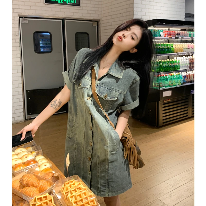 大码女装夏韩系chic港风复古牛仔衬衫裙小个子宽松显瘦胖mm连衣裙
