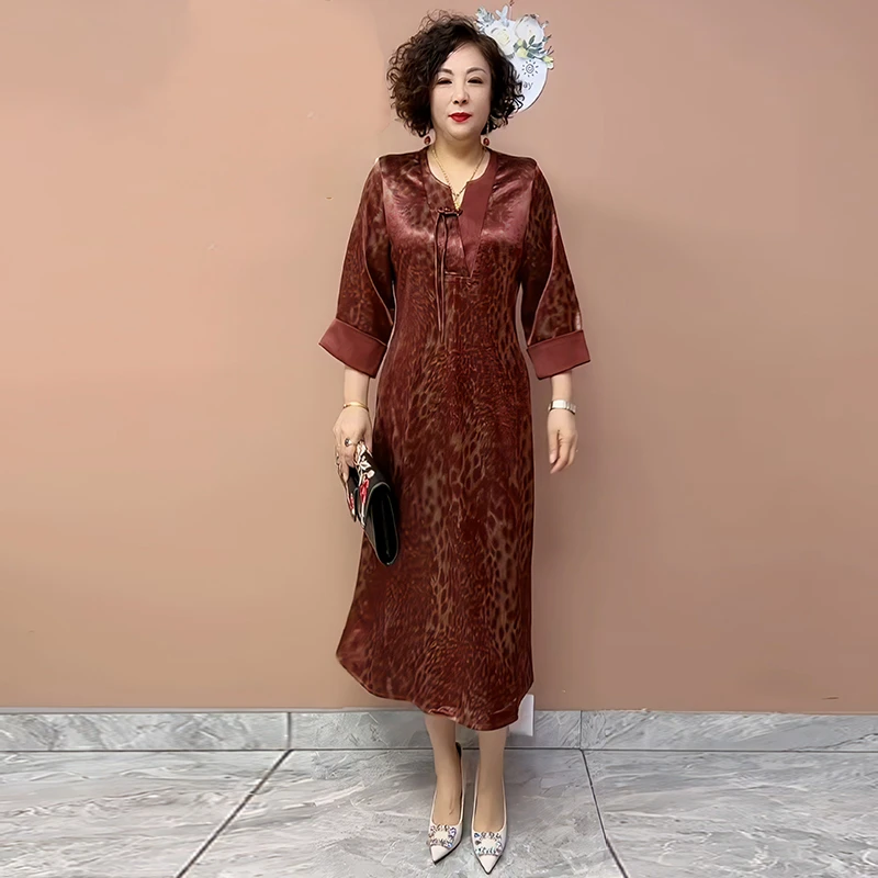 宽松大码长裙子夏季新款国风拼接七分袖过膝长裙中老年妈妈连衣裙