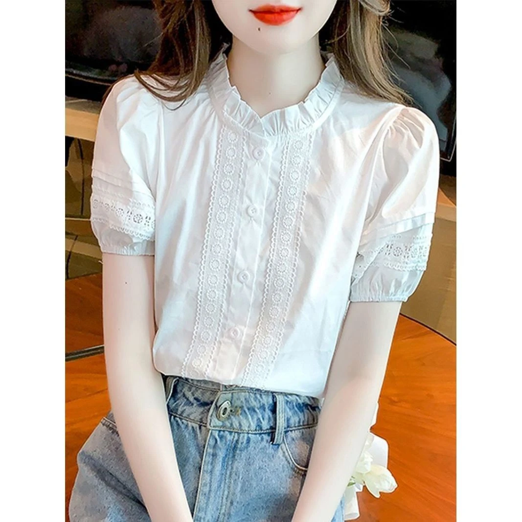 立领刺绣女士衬衫设计感夏季2025年新款薄款百搭小衫短袖纯棉衬衣