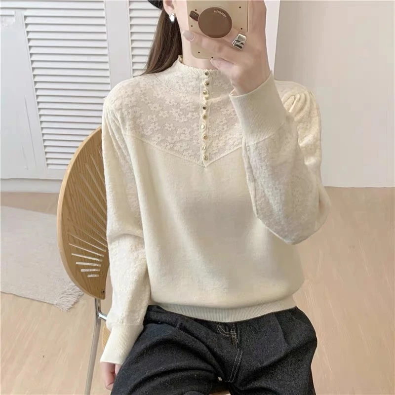 （小猪家）纽扣半高领针织打底衫蕾丝拼接提花保暖内搭精纺羊毛毛衣