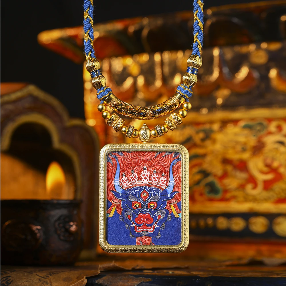 【粗矿砂大威德金/刚吊坠】热贡纯手工绘制唐卡 设计师款挂绳