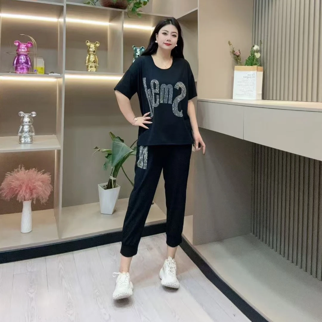 夏季两件套-玲 时尚潮流字母花型镂空蝴蝶结后背胖MM大码女装新款