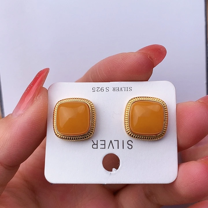 蜜蜡耳饰银S925镶嵌耳饰