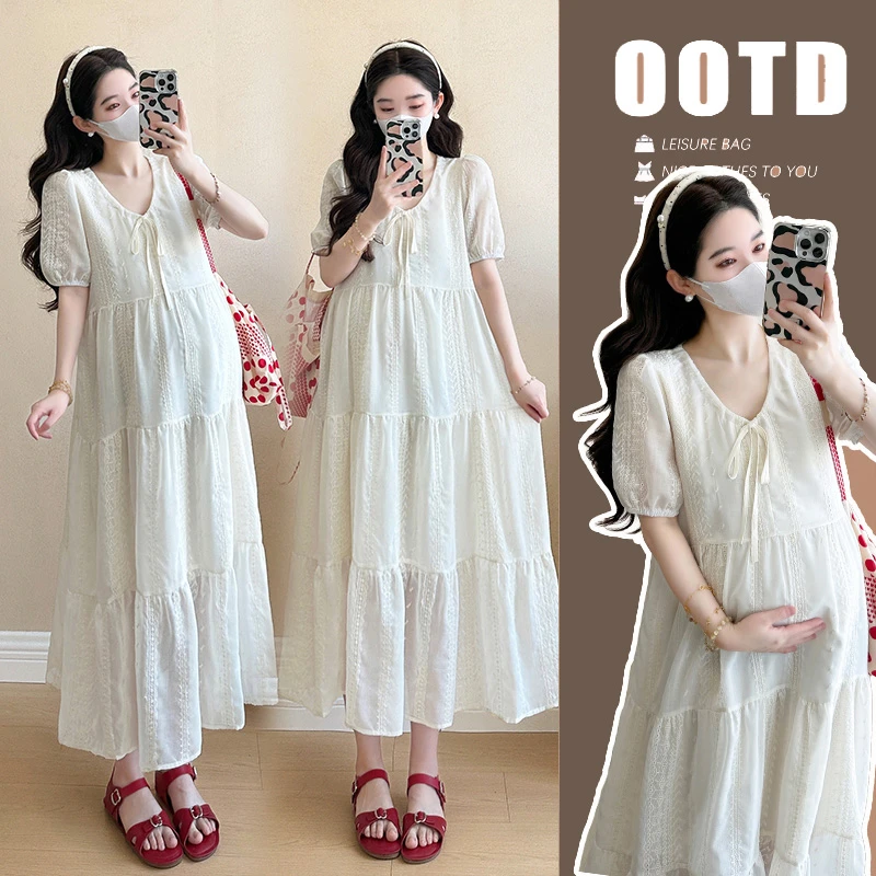 孕妇装女2025新款爆款洋气夏装连衣裙宽松韩版高级夏季长款刺绣裙