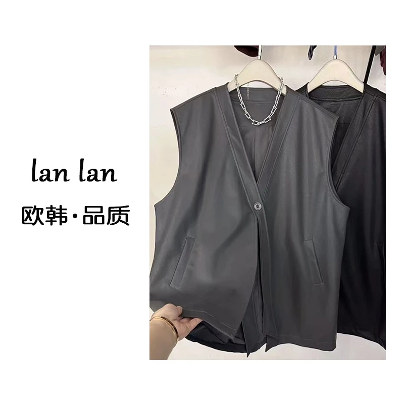 lanlan-春上新【v领飘带皮马甲】8183韩版小众复古显瘦春季皮马甲
