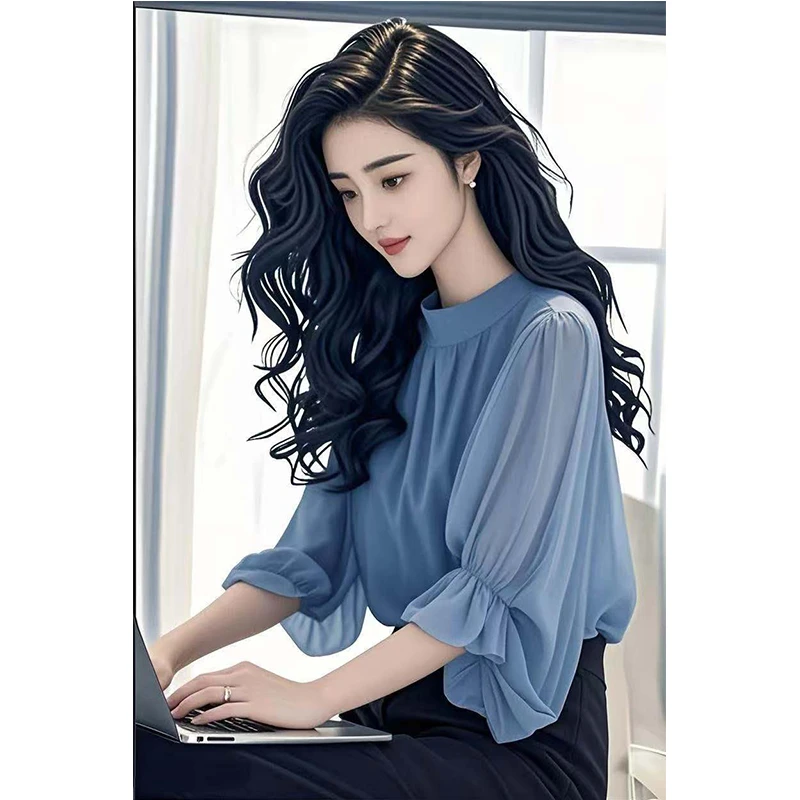 2025夏季时尚法式独特蓝色短袖上衣冷淡系高级感气质短袖T恤上衣