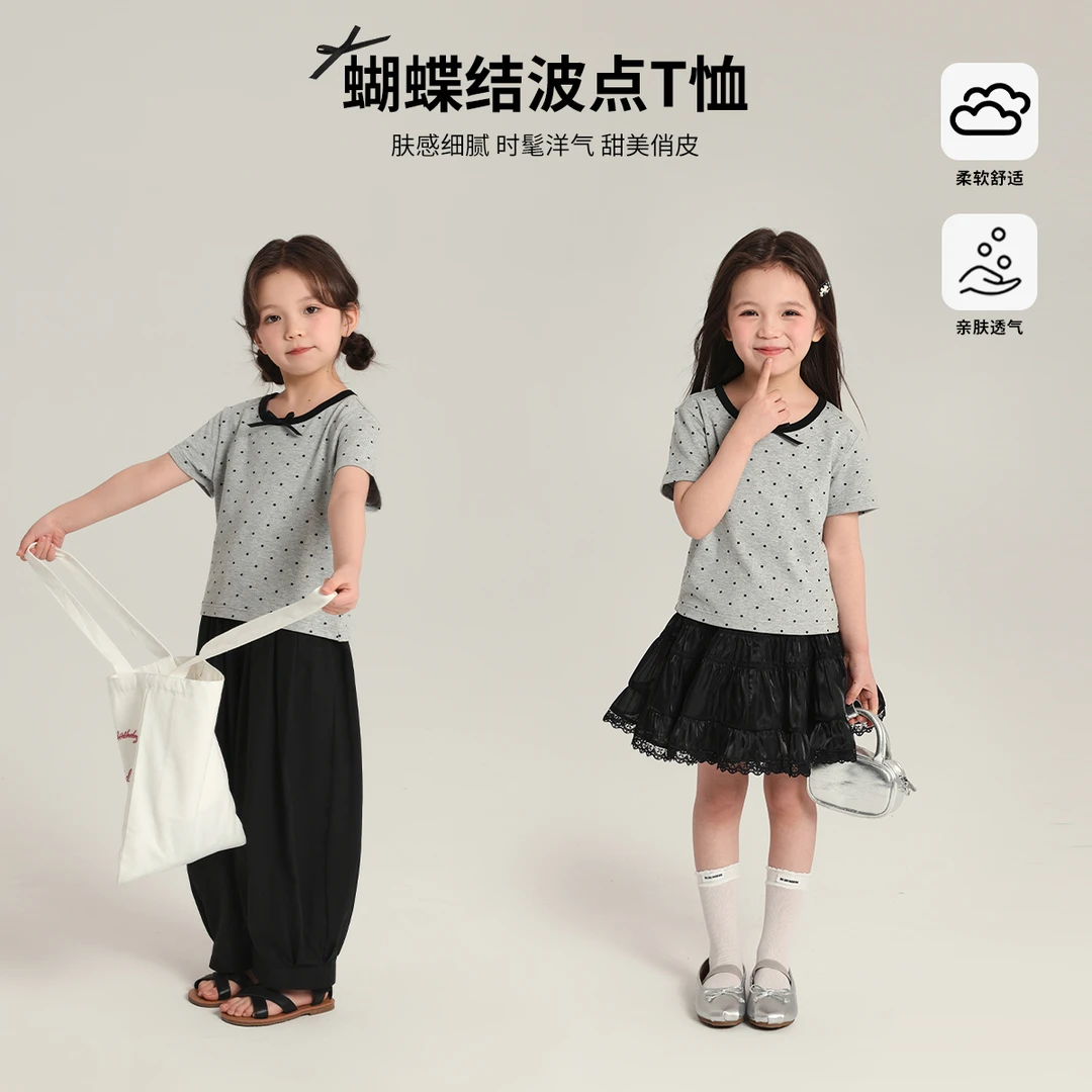 布丁哈鲁【俏皮鬼】2025夏款女童圆领甜美蝴蝶结波点T恤G52TW296