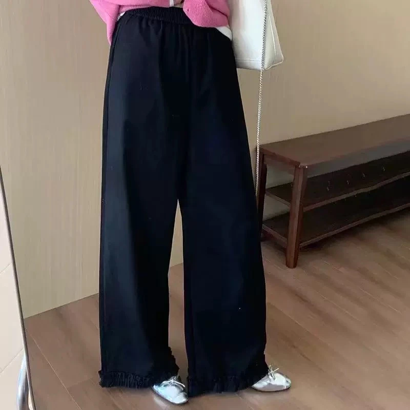 八爪娘娘----韩版百搭小个子高腰九分直筒木耳花边速干阔腿裤女