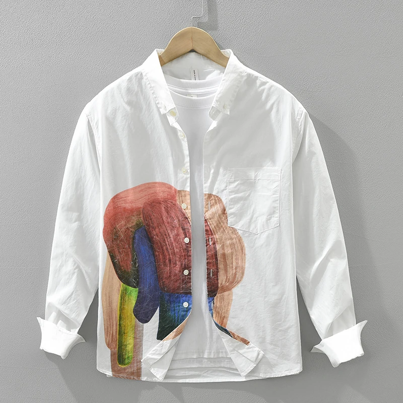 早秋纯棉文艺印花长袖衬衫外套男士时尚休闲百搭宽松