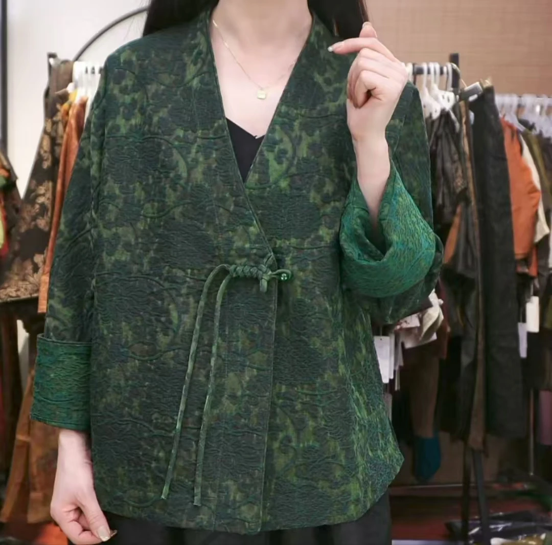 LN 2025新款设计师长袖柞蚕时尚国风绿色提花外套24ZH393