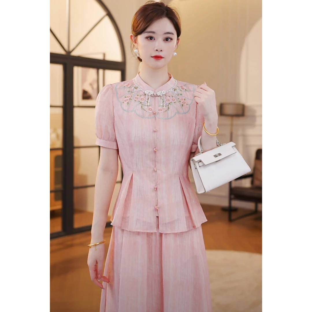 【嘉嘉JIANG】粉黛游园 新中式国风盘扣刺绣小衫套装 XJ252A3073
