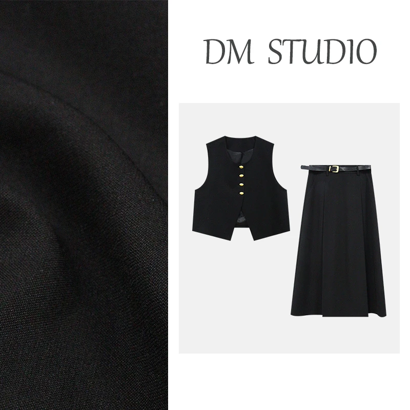 【画廊少女】蛋妹大码女装春款胖mm显瘦马甲高腰半裙套装DM24880