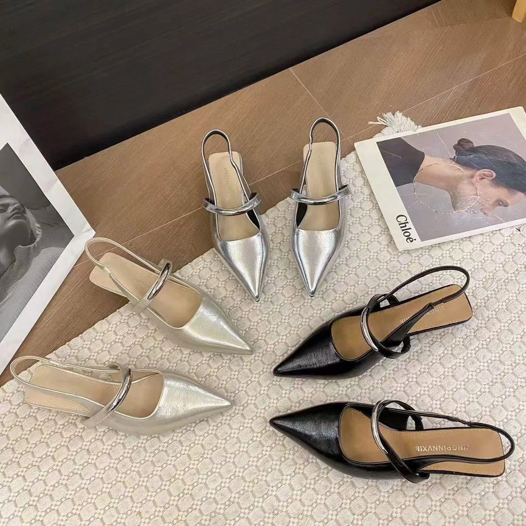 2519-6新款尖头后空矮跟舒适百搭软底包头拖鞋