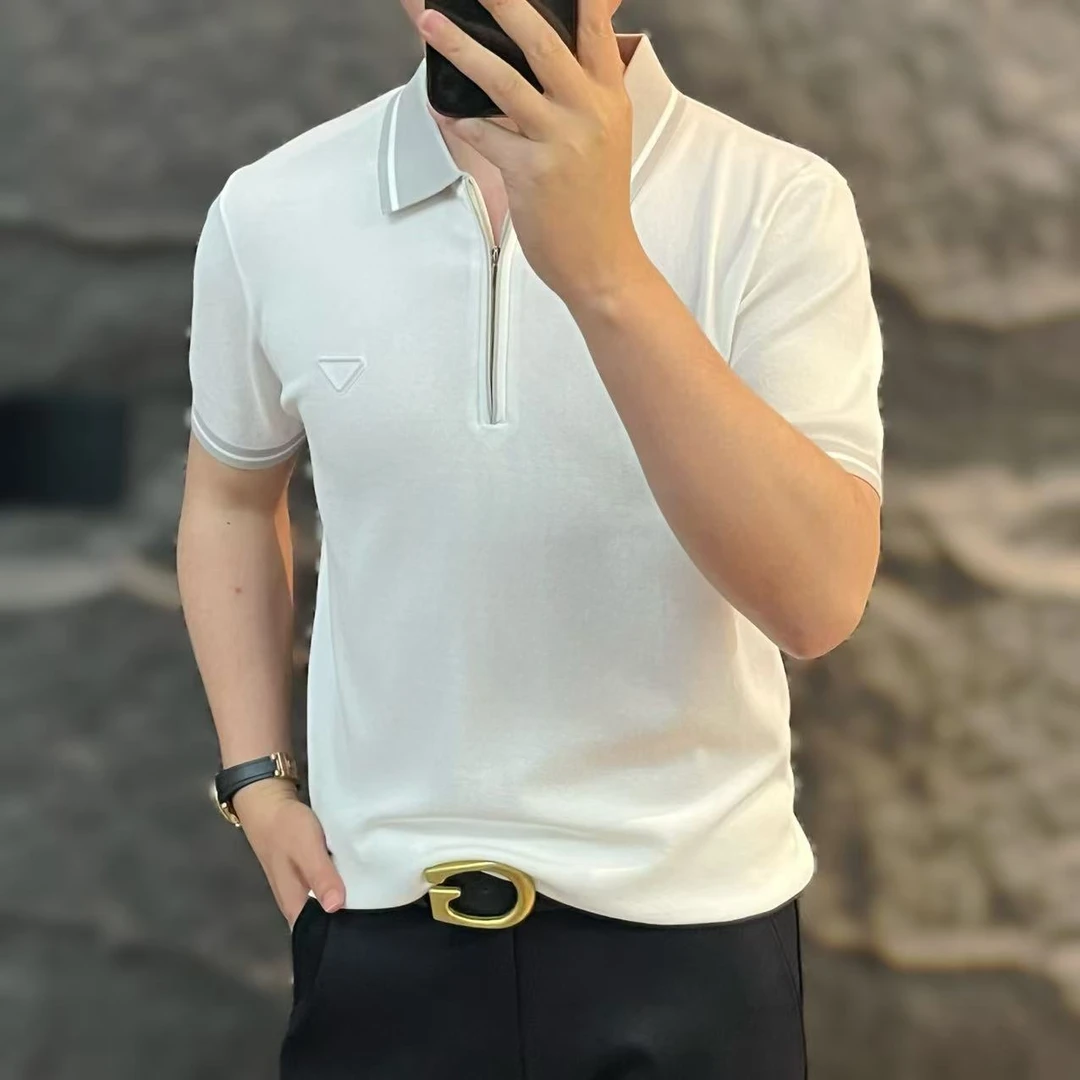 新款高端男士潮流百搭个性休闲短袖半拉链POLO衫45101