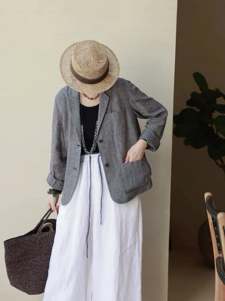 新款色织汉麻气质小西服垂感时尚百搭休闲西服2583