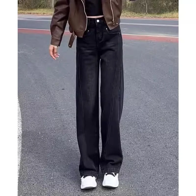 大码黑色明线窄版阔腿牛仔裤女梨型身材胖mm宽松显瘦高腰直筒裤子