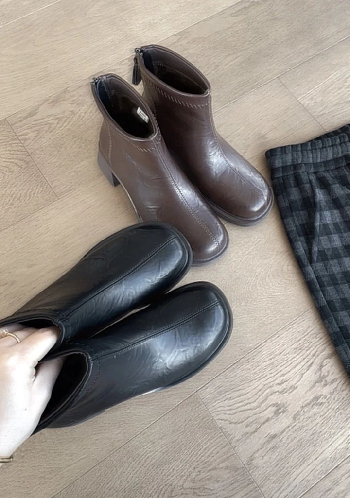 【丹姐专属】【品牌处理】英伦方头短靴冬季后拉链高跟防滑粗跟皮靴