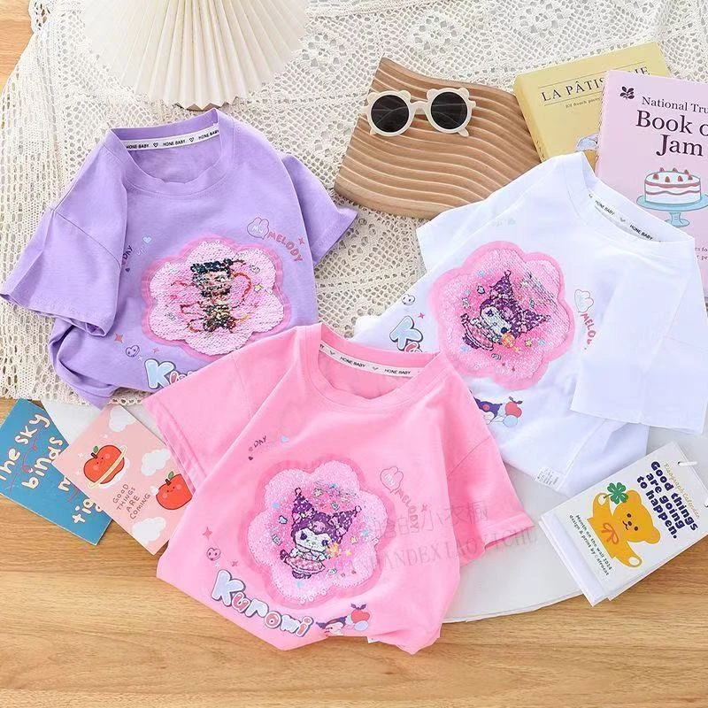 夏300-349季半袖亮片女小女孩女童嘻哈T恤短袖卡通风上衣