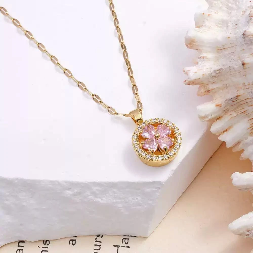 铜合金合成锆石吊坠 814旋转四叶草花朵小众设计女款项链