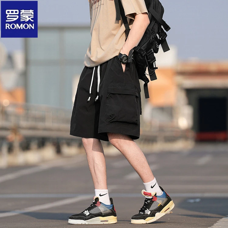罗蒙新款夏季港风休闲短裤中青年男士宽松直筒潮流冰丝裤子
