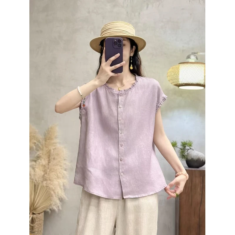 7113【100%进口亚麻】法式气质纯色木耳边拼接衬衫显瘦时尚百搭夏季