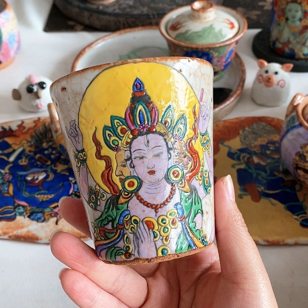 手工手绘斗姆元君茶杯