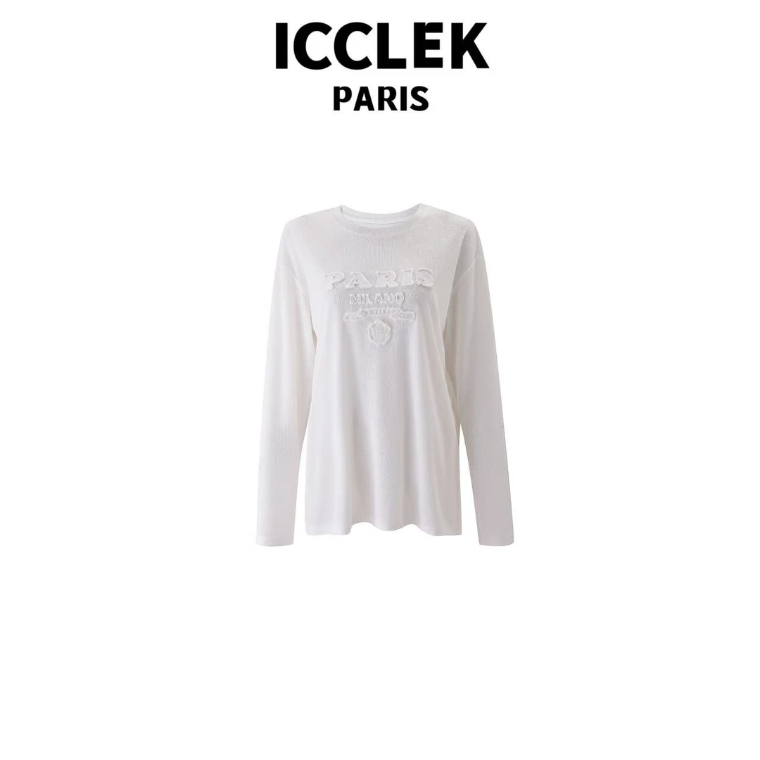 ICCLEK 白色手工刺绣圆领套头长袖 T恤 休闲 百搭 -5229