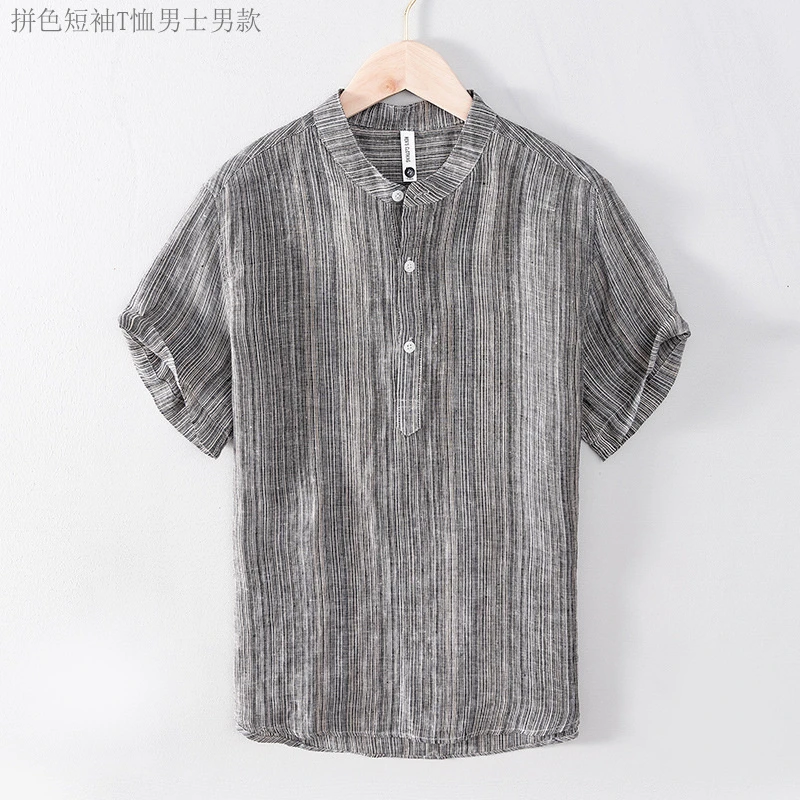 拼色短袖T恤清新日系拼色短袖T恤男休闲亚麻料宽松几何图案青年潮