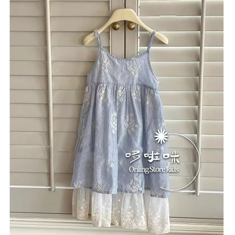 女童森系连衣裙夏季设计感海边度假风裙子小众蓝色刺绣蕾丝吊带裙
