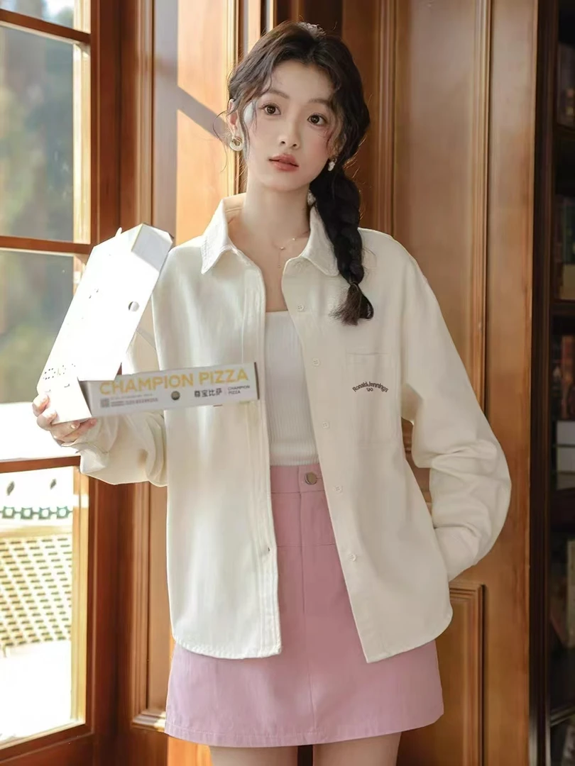 春季新款纯棉刺绣宽松显瘦常规款洗水棉衬衫女百搭上衣外套