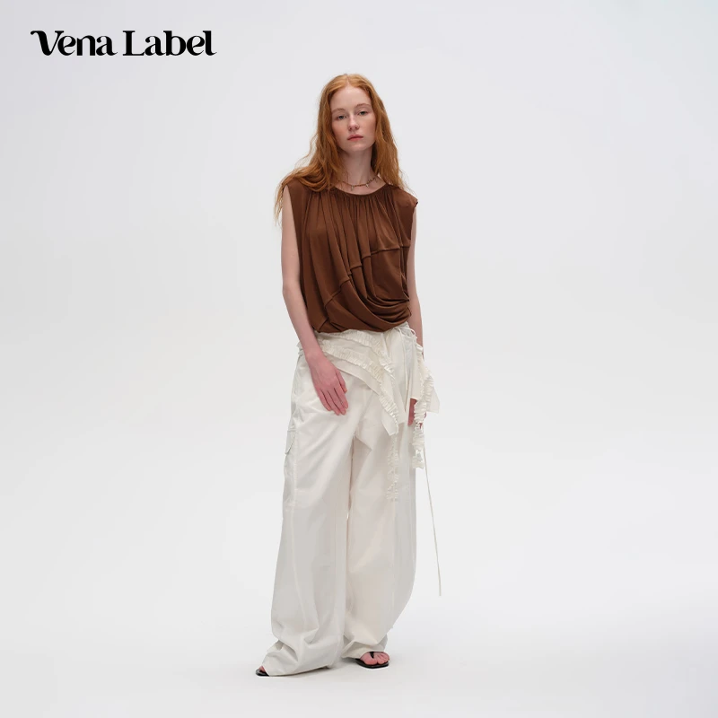 Vena Label25PF新款 显瘦百搭U领针织褶皱无袖上衣女宽松吊带背心