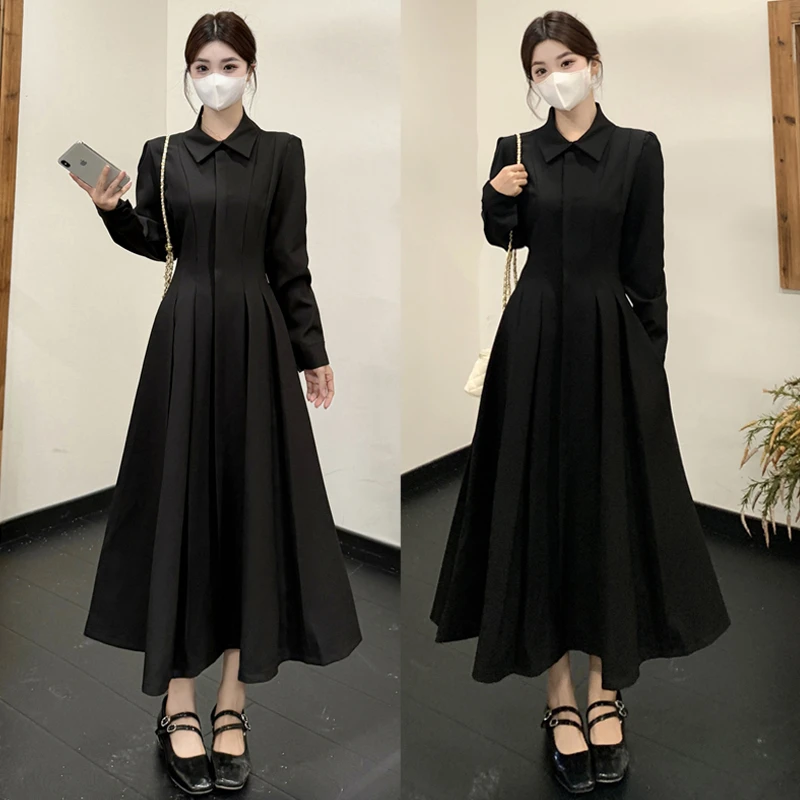大码胖mm秋冬新款Polo领百搭显瘦减龄连衣裙新中式打底长裙女