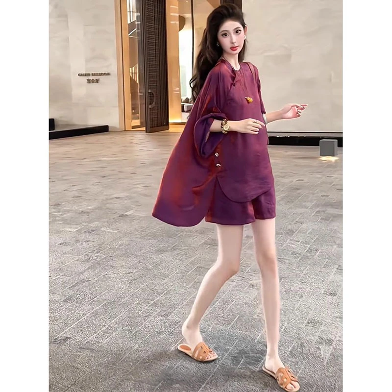 高级感两件套欧洲站2025夏季气质百搭宽松中长款上衣松紧腰短裤潮