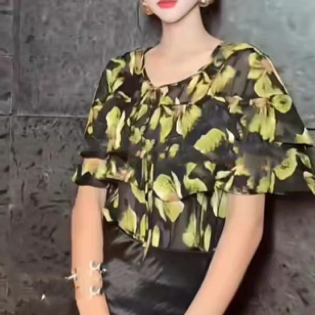 3384-B-4-4-1【恋爱花语】时尚印花女高级感气质名媛小香风短袖上衣