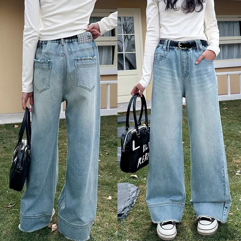女童2025春季新款宽松休闲阔腿裤女中大童元气水洗复古直筒牛仔裤