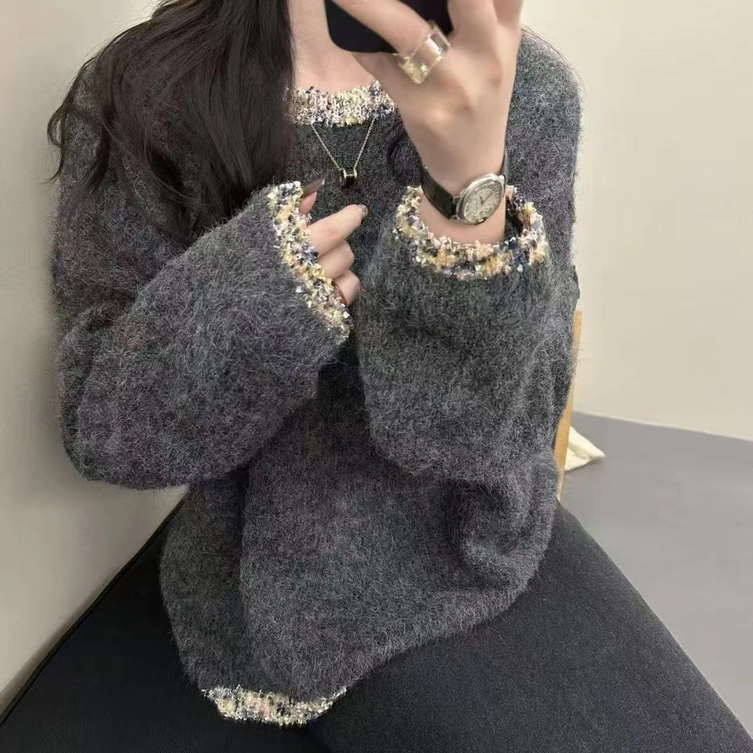 小香风春秋新款圆领慵懒毛衣针织打底衫秋冬新款宽松套头百搭毛衣