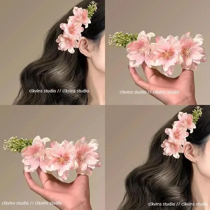 花漾物语~粉色花朵发夹 甜美发梳 后脑勺超仙插梳旅行发卡