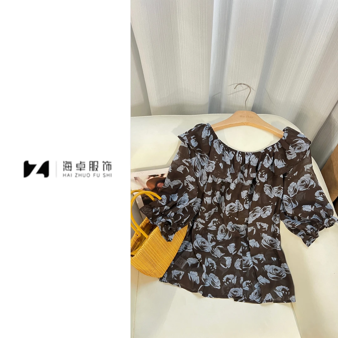 海卓～荷叶边法式复古蓝调玫瑰花一字肩宽松中袖上衣女7728