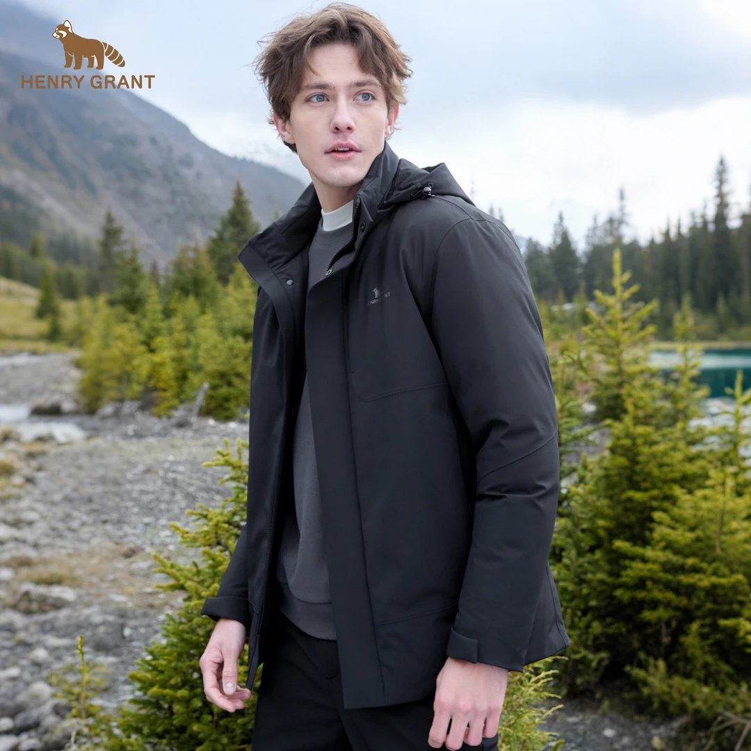 亨利格兰男士秋冬加厚防风羽绒外套连帽拉链净版百搭英伦休闲简约