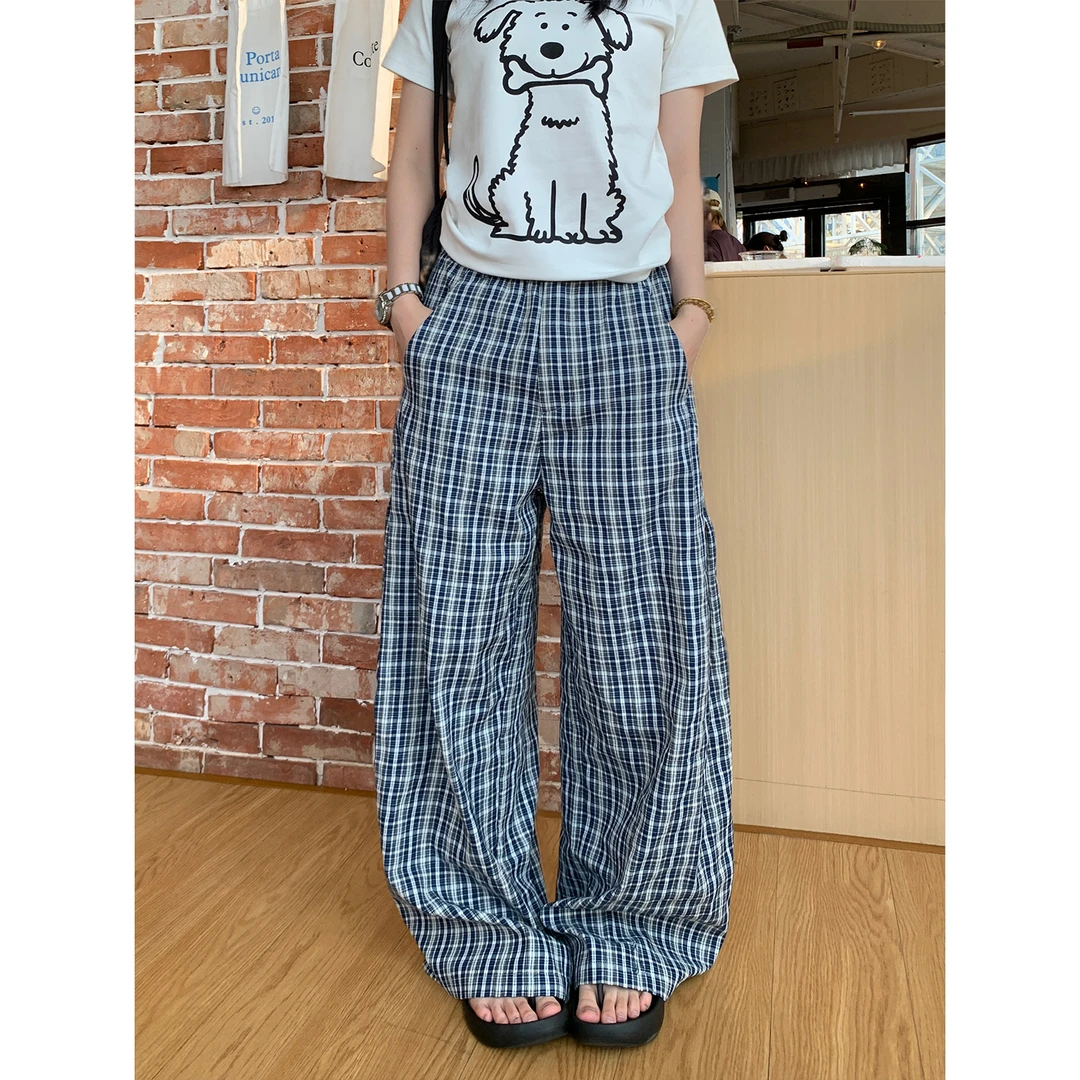 木子羊 轻薄干爽复古宽松泡泡格纹廓形休闲长裤男女直筒裤