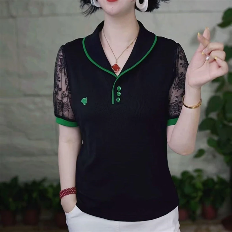 夏季新款时尚洋气翻驳领蕾丝袖短袖t恤宽松显瘦减龄气质女装上衣