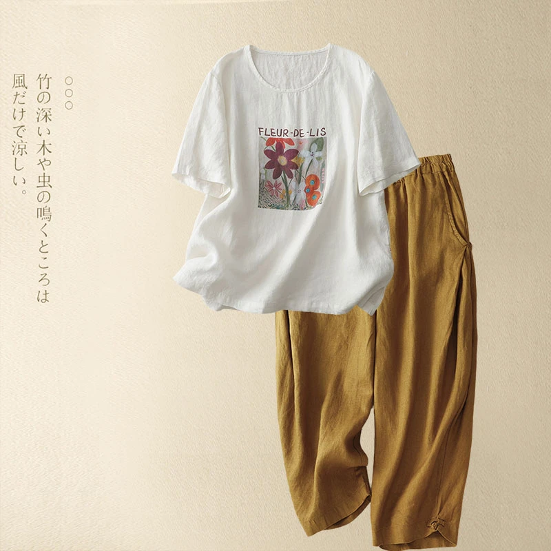 时尚洋气亚麻苎麻短袖T恤阔腿裤两件套大码套装女士年轻妈妈夏装