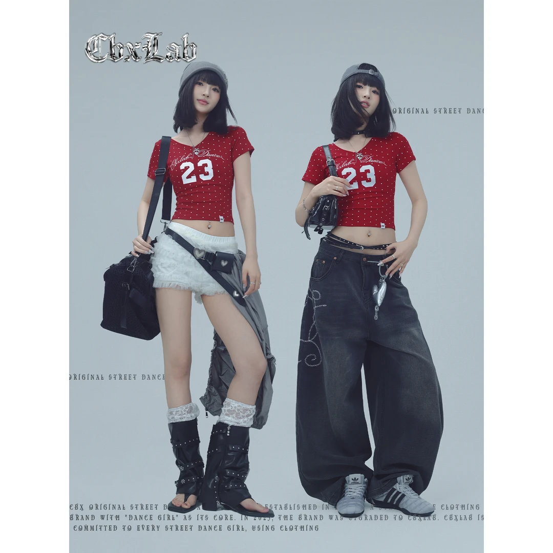 CBXLAB街舞辣妹波点V领上衣爵士显瘦夏季设计感夏季修身辣妹