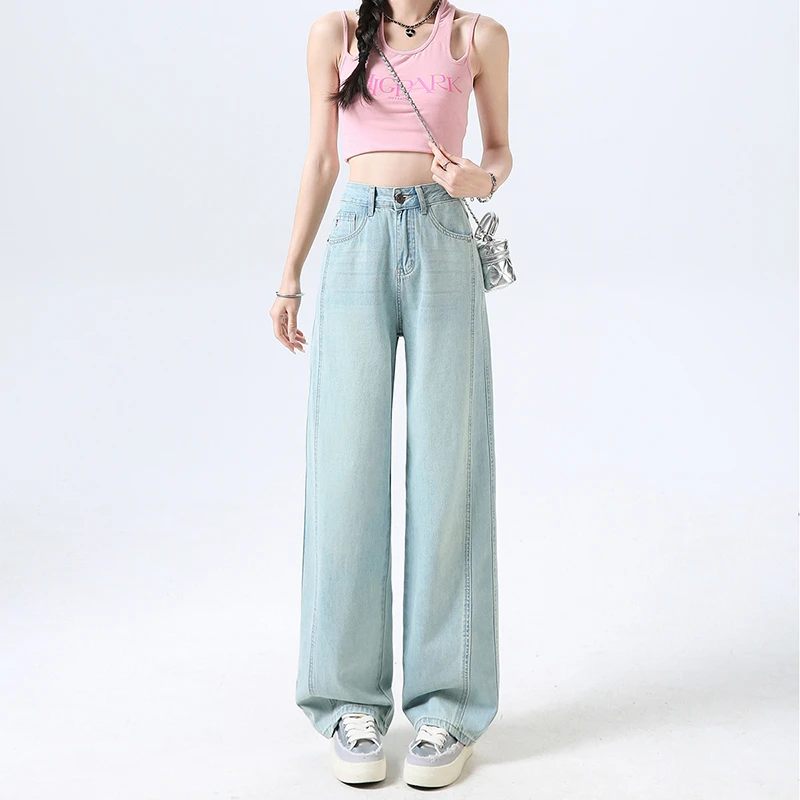 浅蓝双侧骨弯刀牛仔裤女2025夏季薄款小众高腰直筒显瘦百搭拖地裤