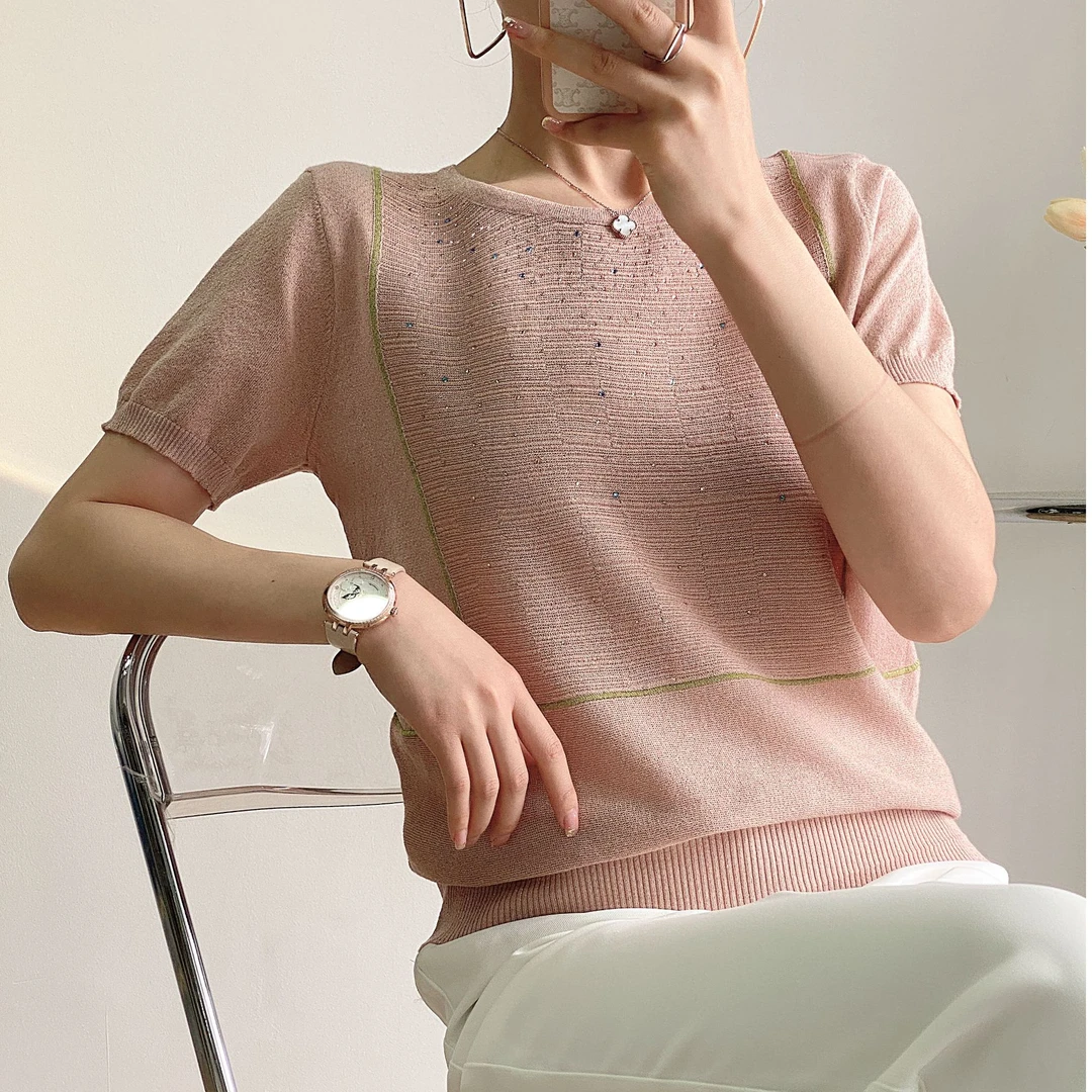 2025亚麻拼金银丝时尚妈妈装短袖上衣休闲