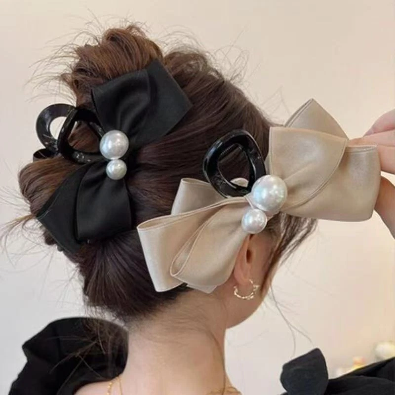 高级感珍珠蝴蝶结抓夹大号发夹女后脑勺盘发头饰气质优雅鲨鱼夹子